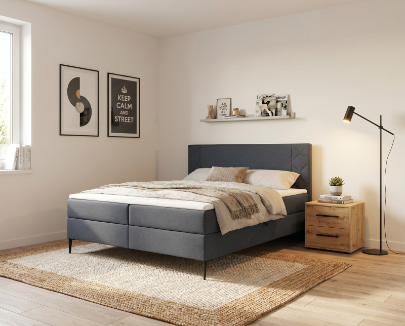 Przejdź do produktu Zestaw Łóżko PORTES 180x200 ciemny szary i stolik nocny Maxione dąb artisan