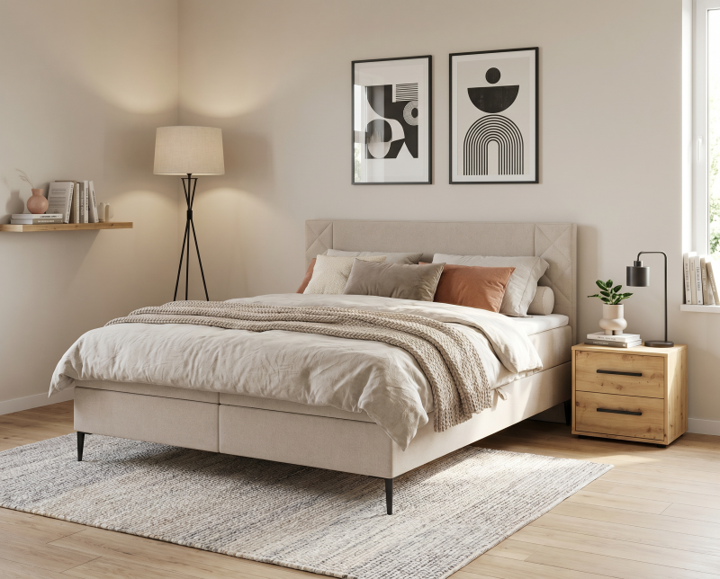 Przejdź do produktu Zestaw Łóżko PORTES 180x200 jasny beżowy i stolik nocny Maxione dąb artisan
