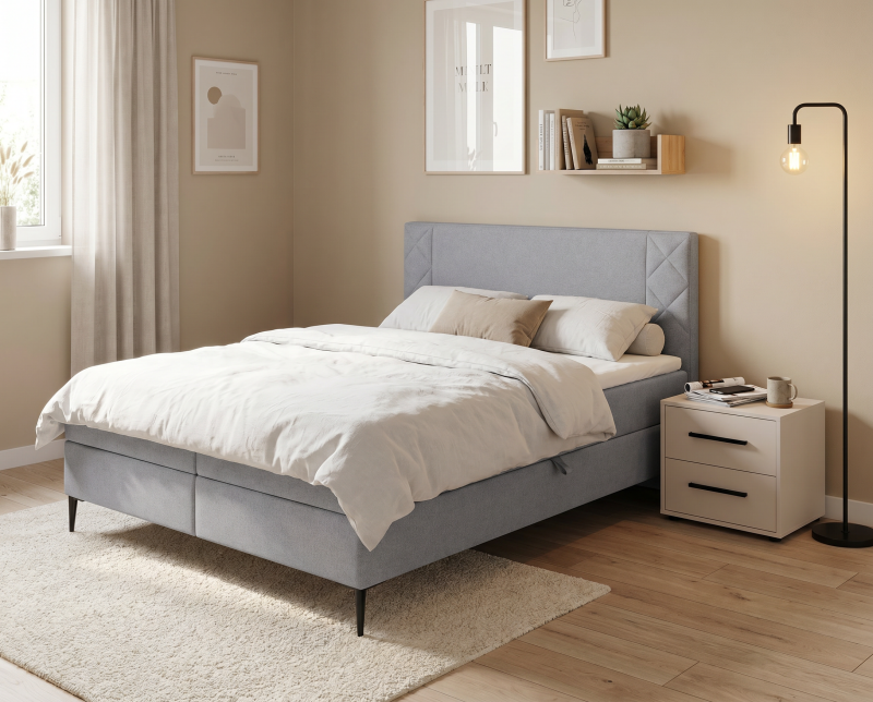 Przejdź do produktu Zestaw Łóżko PORTES 180x200 jasny szary i stolik nocny Maxione cashmere