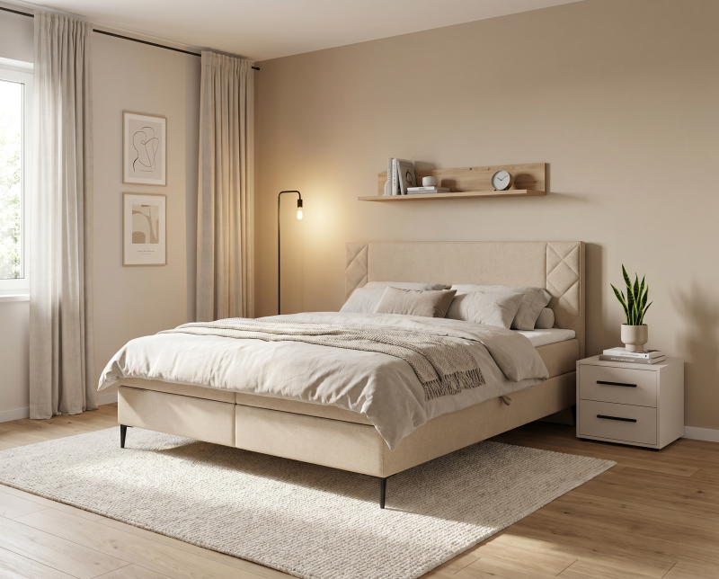 Przejdź do produktu Zestaw Łóżko PORTES 140x200 ciemny beżowy i stolik nocny Maxione cashmere